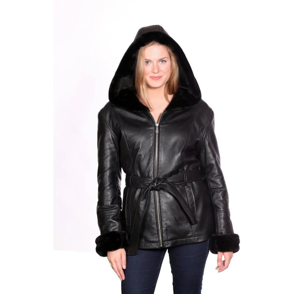 Christian Reed NEW black Shawl Collar Hooded Lamb leather Fur lined belt Coat M